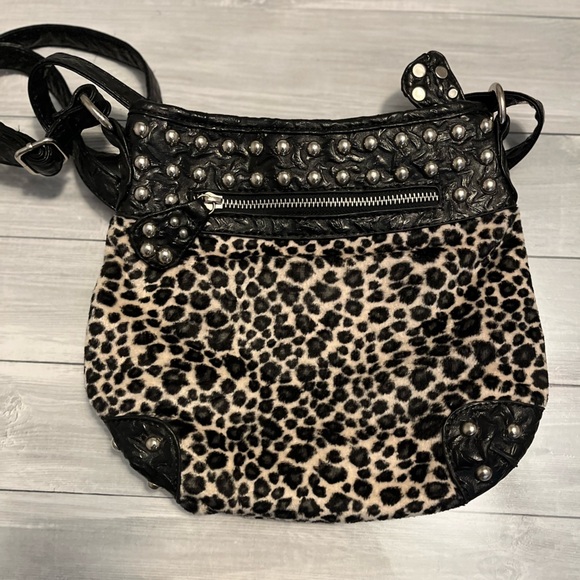 Revolution Handbags - Vintage Revolution Leopard Print Black Studded Crossbody Women's Bag 10”x10”